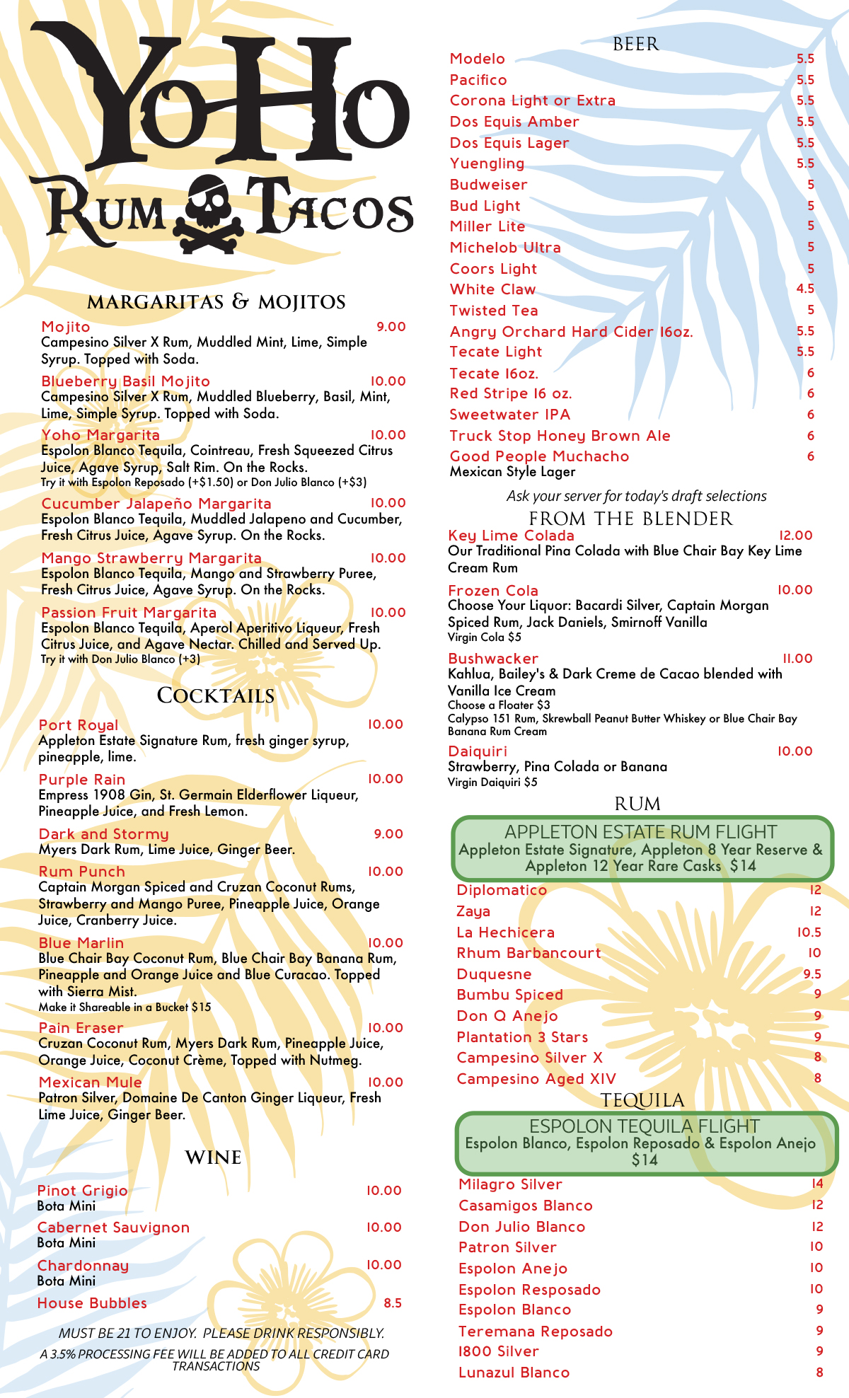 Drinks Menu YoHo Rum & Tacos