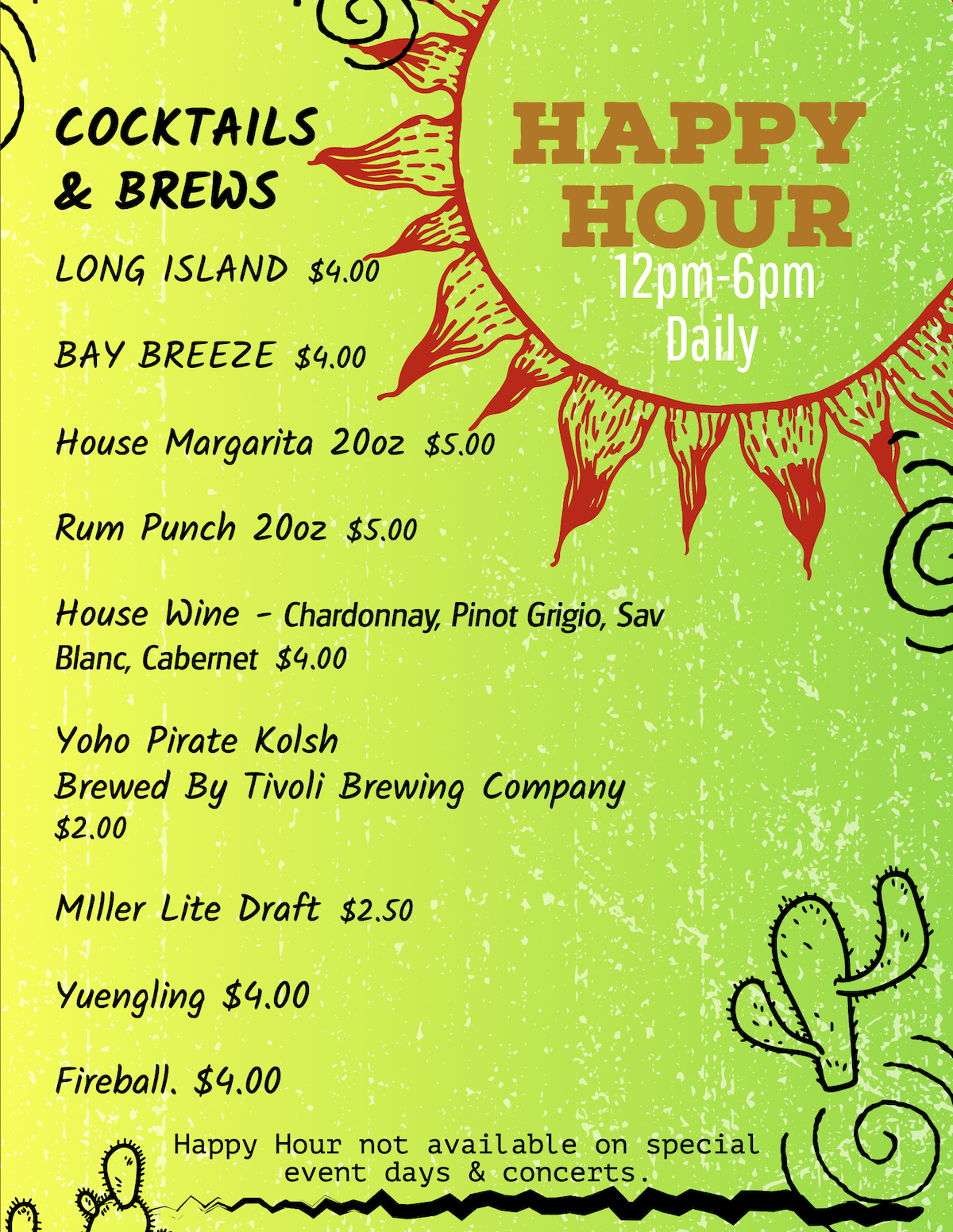 Happy Hour drink menu