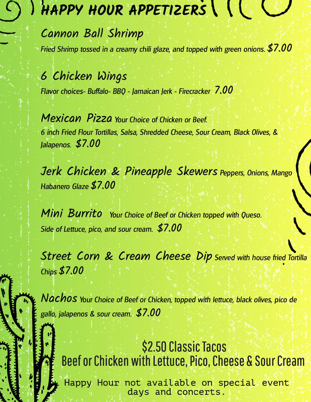 Happy Hour food menu