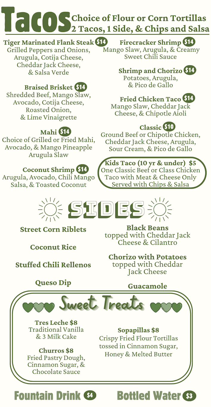 YoHo Rum and Tacos burritos and snacks menu
